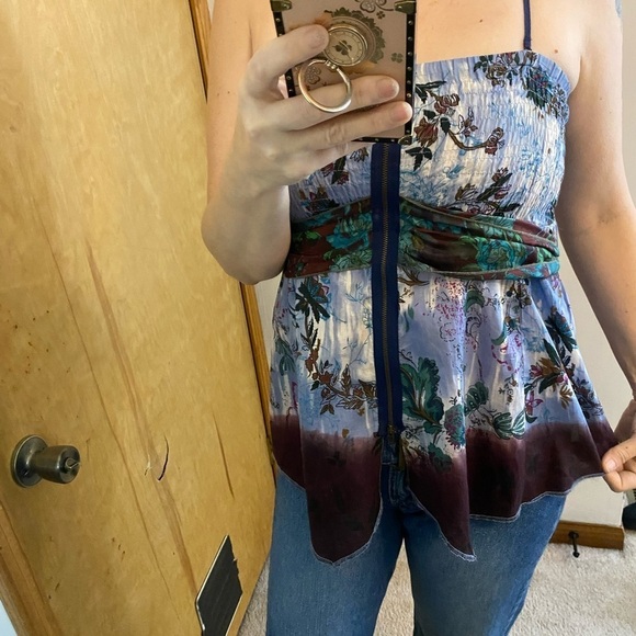 Free People Y2K Silk Smocked Butterfly Handkerchief Hem Tropical Top - Picture 7 of 9